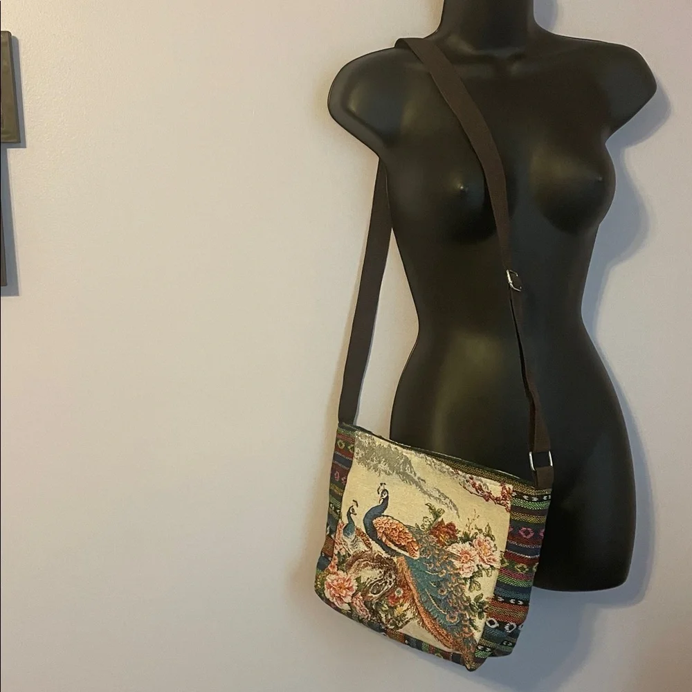 Peacock Embroidered Tapestry Crossbody Purse Bag
